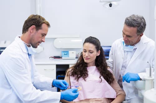 dentist showing model teeth to a female patient