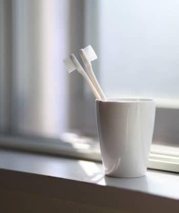 two toothbrushes in a mug by the window